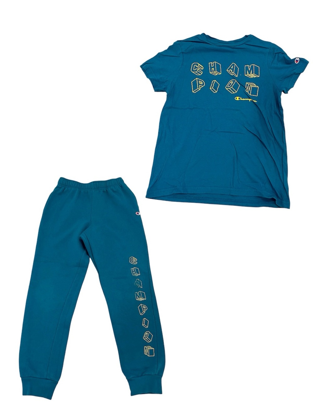 ◻️CHAMPION: Boy size M, aqua w/yellow logo design short sleeve & sweatpants set